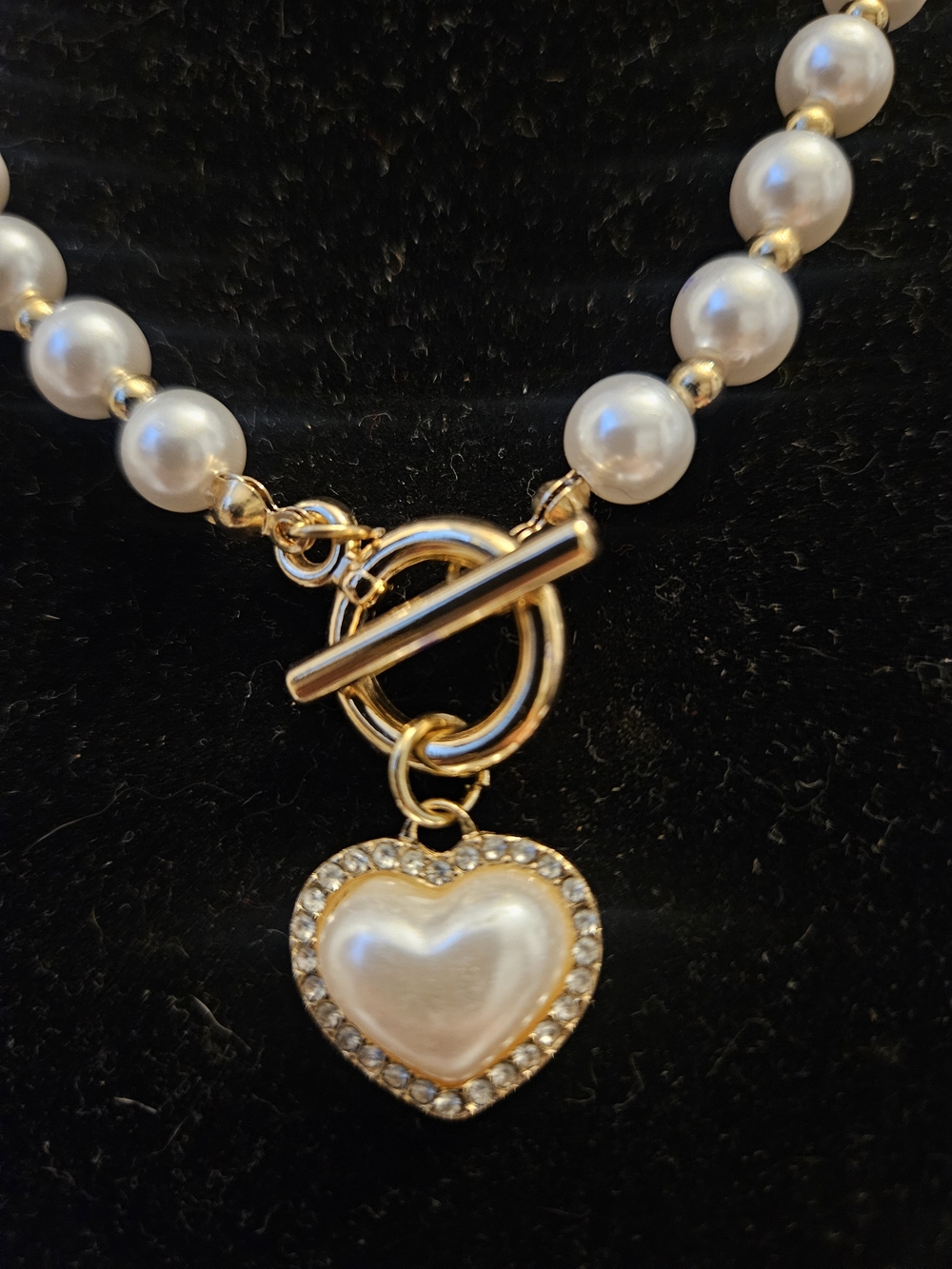 Pearl Heart Toggle Necklace - Gold and White